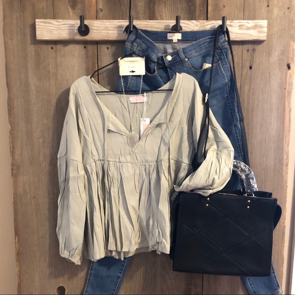 Sage Boho Tie Front Blouse One Large Left - Picture 5 of 5